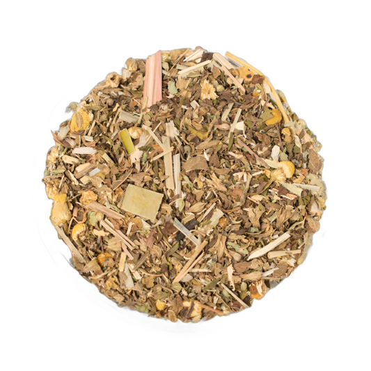 A pile of loose leaf tea to aid sleep. A top-down view.