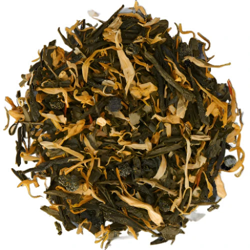A top-down view of a pile of Honey Ginseng Black Tea loose leaf tea for the Tea of the Month Club